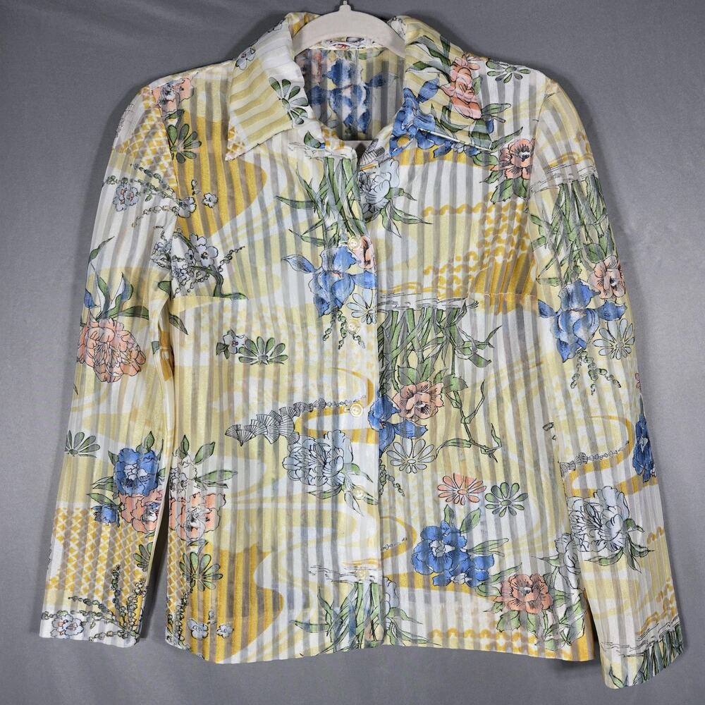 Vintage R&K Knits Yellow Shirt Medium‎ Floral Blouse Shadow Stripe Sheer Knit